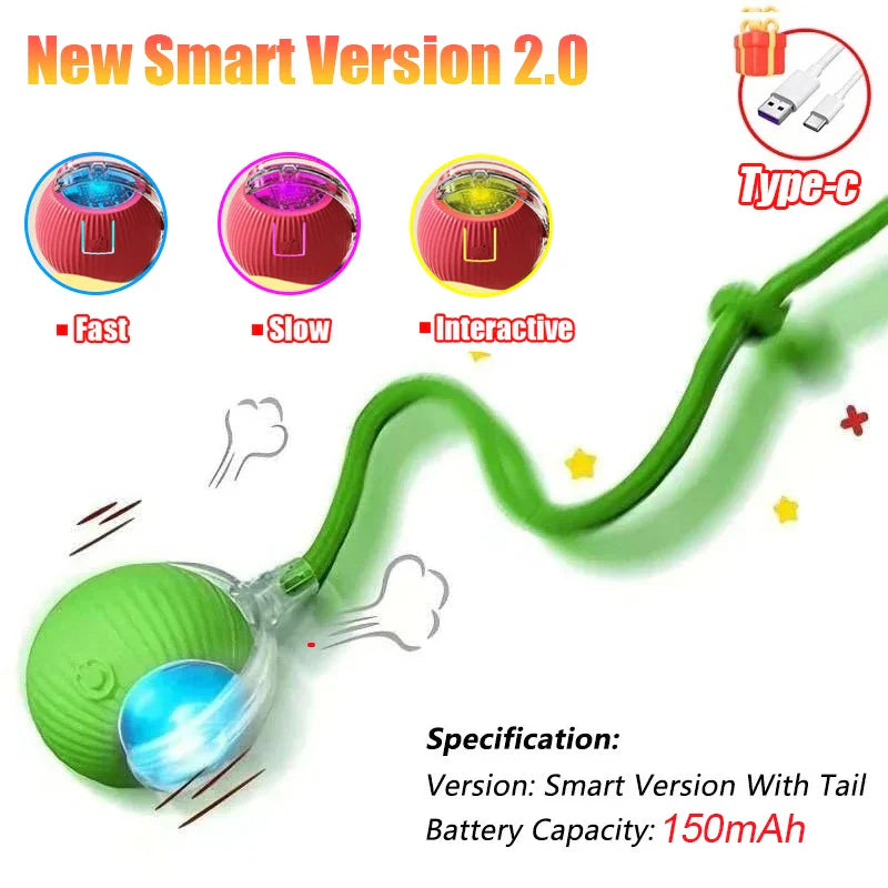 Interactive Automatic Rolling Ball Toy for Cats and Dogs, Rechargeable Smart Pet Toy with Faux Tail