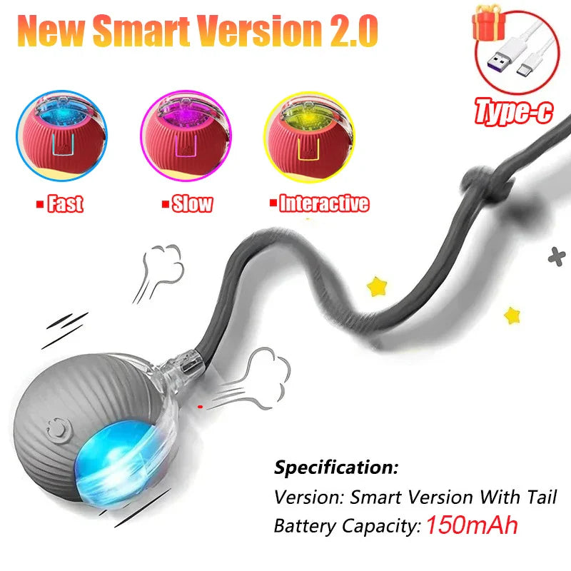 Interactive Automatic Rolling Ball Toy for Cats and Dogs, Rechargeable Smart Pet Toy with Faux Tail